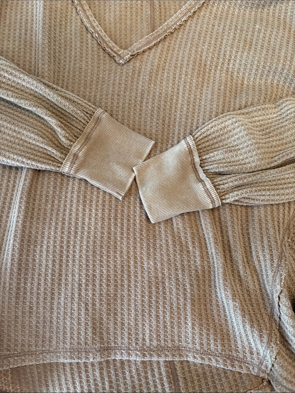 We The Free Waffle Knit V-Neck Long Sleeve Top in Taupe - Picture 5 of 8